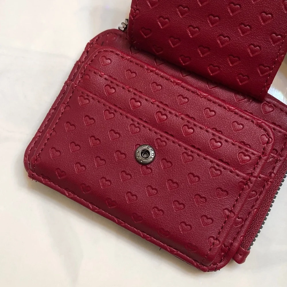 Betsey Johnson XOFRENCH L-Zip Cranberry Card Wallet Dainty Embossed Hearts NWT